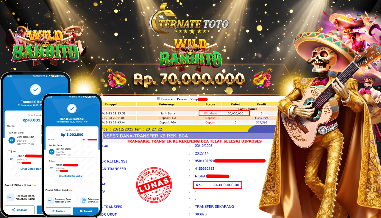 TERNATETOTO - JACKPOT WILD BANDITO Rp. 70,000,000,-